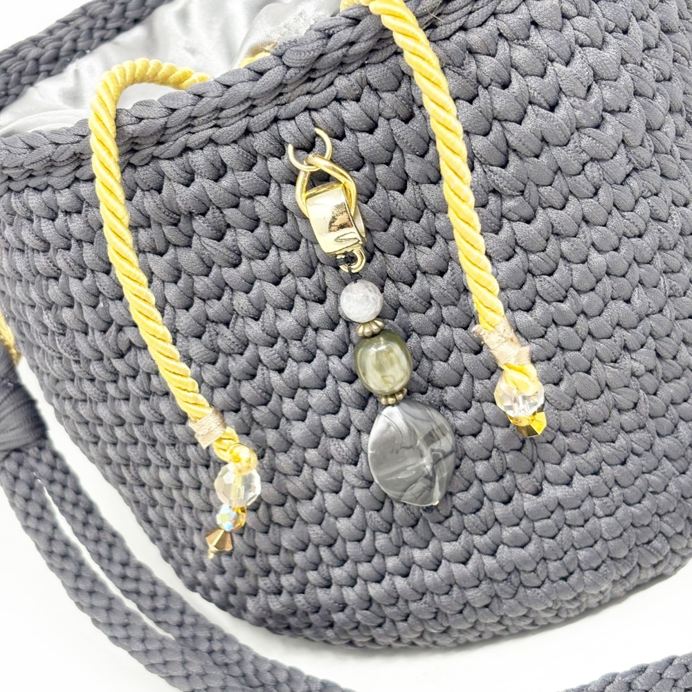 Saeli Handmade Crochet Bucket Bag Charcoal Gray Drawstring Satin Lined Beaded - Picture 2 of 13